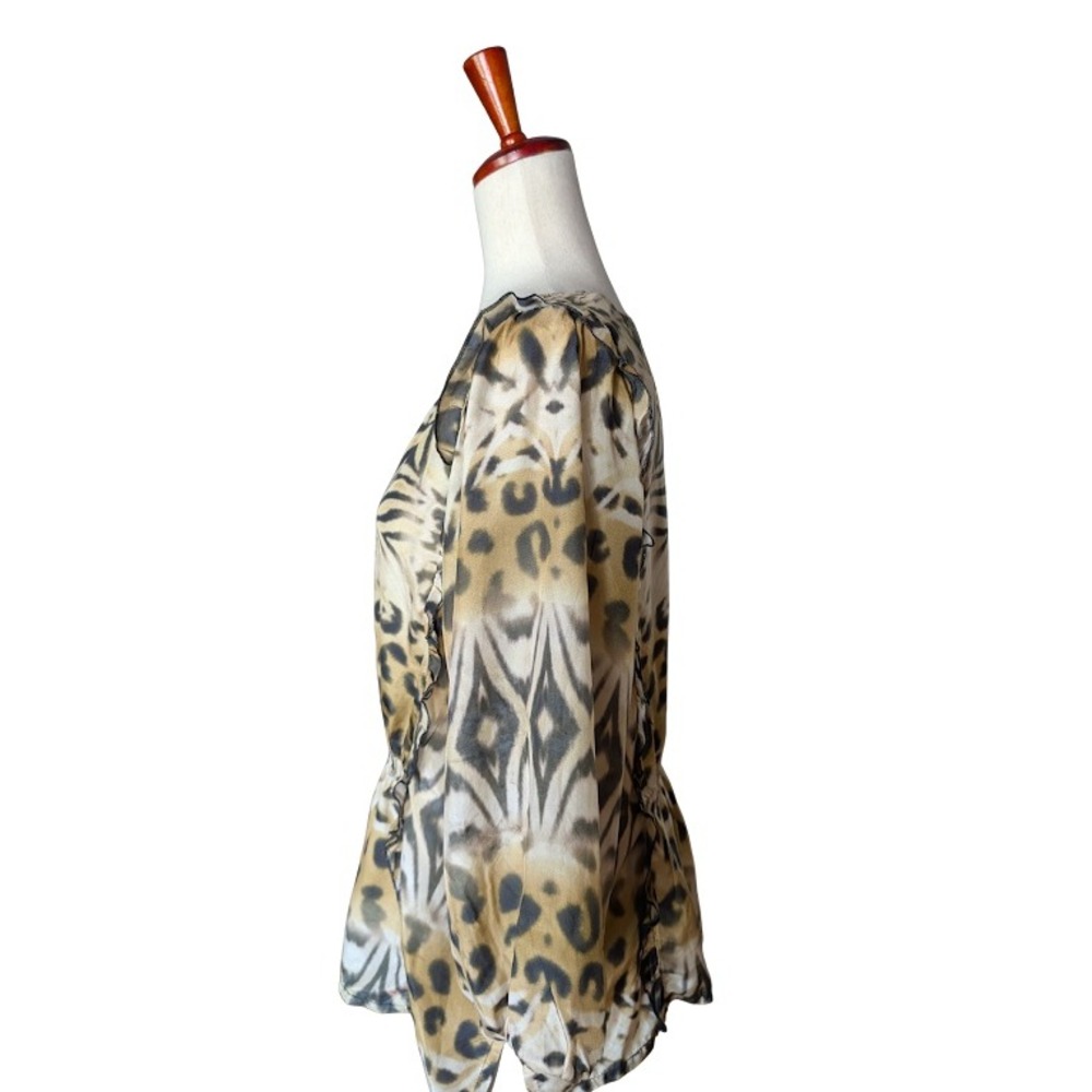 Johnny Was Aisha Silk Animal‎ Print Peplum Blouse Ruffle Leopard Zebra Tan M - Picture 3 of 6